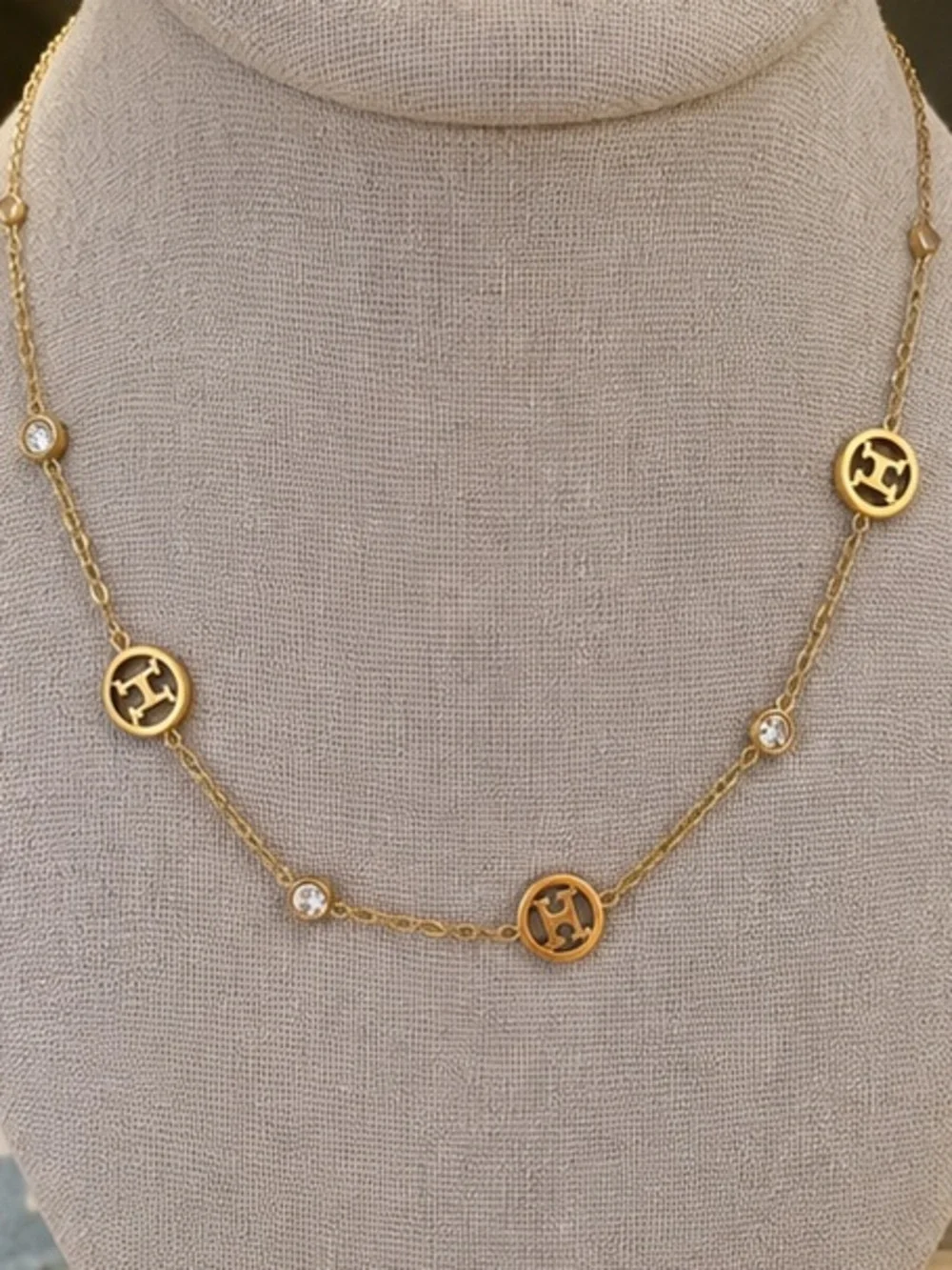 Gold Medallion & Crystal Station Necklace Designer Inspired